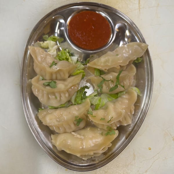 Steamed dumplings with green garnish and a side of red dipping sauce on a metal plate.
